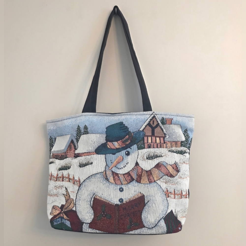 Christmas Snowman Tapestry Tote Bag Holiday Winter Shoulder Bag